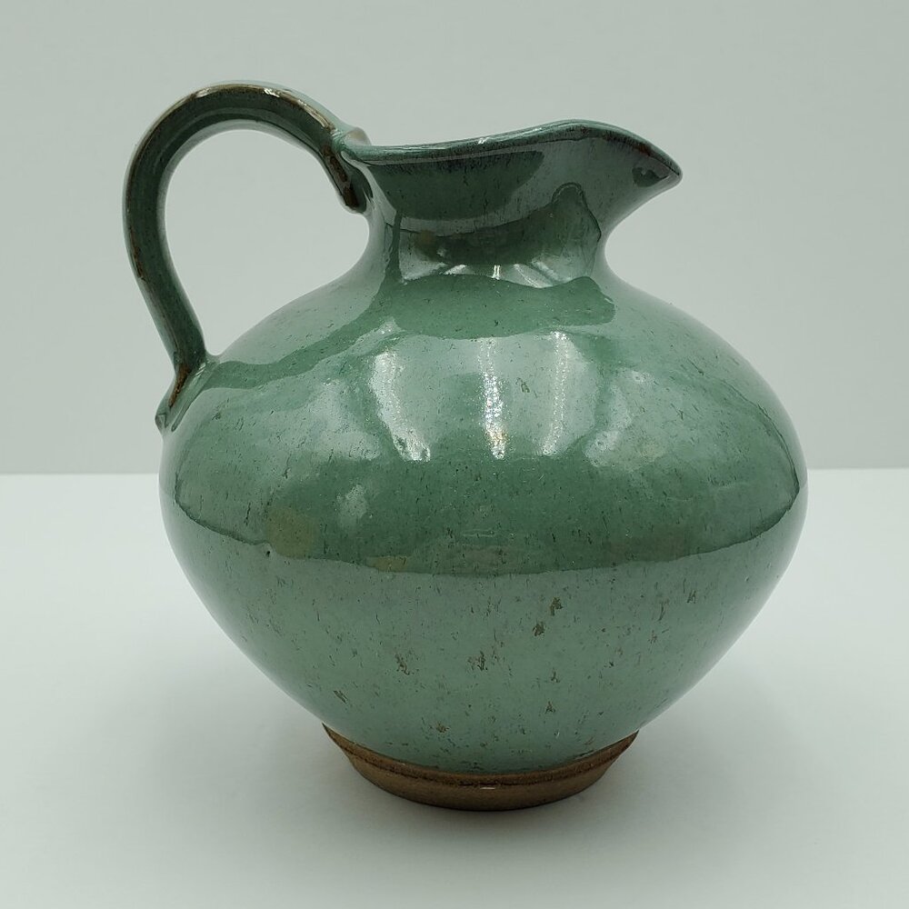 Studio Pottery Green Pitcher Pottery Vase with Handle